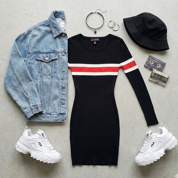 LUV NYC Black Red White Striped Ribbed Long Sleeve Bodycon Mini Dress Small - Picture 2 of 4